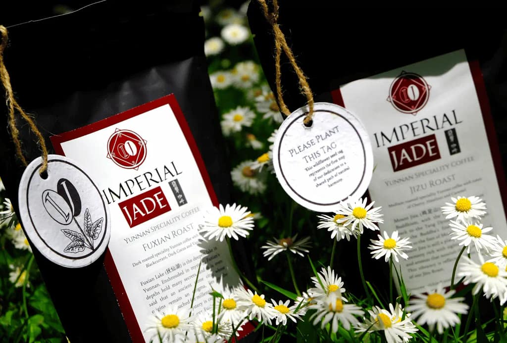 Imperial Jade sustainable coffee's signature Wildflower seed tags. Sustainability in coffee.